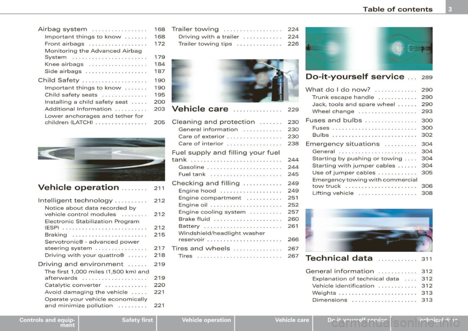 AUDI S4 CABRIOLET 2009 Owners Manual Airbag system . . . . . . . . . . . . . . . . . 168 Trailer to\Ning . . . . . . . . . . . . . . . . . . 224
Important things to know . . . . . . . 168 Driv ing with a trailer AUDI S4 CABRIOLET 2009 Owners Manual Airbag system . . . . . . . . . . . . . . . . . 168 Trailer to\Ning . . . . . . . . . . . . . . . . . . 224
Important things to know . . . . . . . 168 Driv ing with a trailer