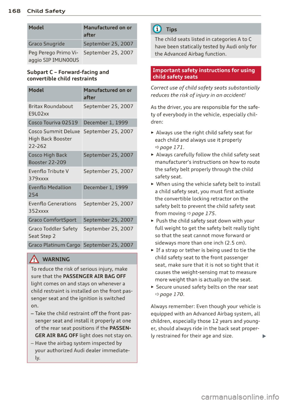 AUDI S4 SEDAN 2013  Owners Manual 168  Child  Saf ety 
-Model  Manufactured on or 
a fter 
Graco  Snugride  September  25,  2007 
Peg  Perego  Primo  V i- September  25,  200 7 
aggio  SIP  IMUN00US 
Subpart  C  -Forward -facing  and 