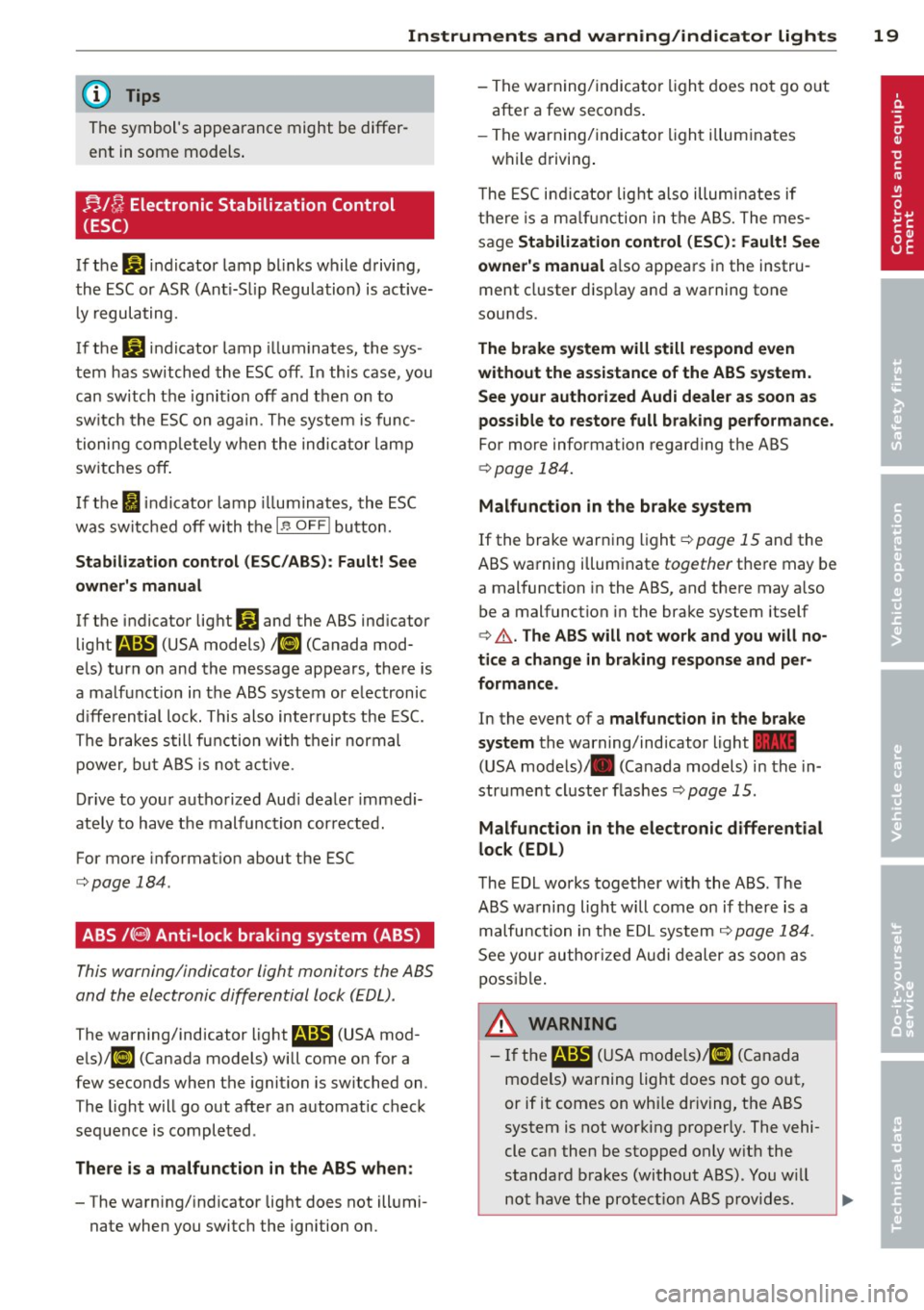 AUDI S4 SEDAN 2013 Owners Manual Instruments  and  warning/indicator  lights  19 
@ Tips 
The symbols  appearance  might  be differ­
ent  in some  models . 
n,/{J Electronic  Stabilization  Control 
(ESC) 
If the G1 indicator  lamp