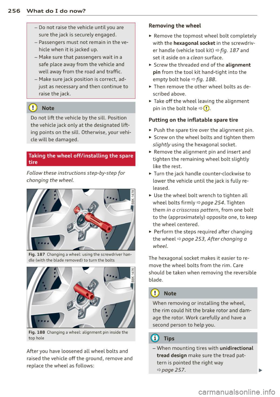 AUDI S4 SEDAN 2013  Owners Manual 256  What  do  I  do  now? 
-Do not  raise  the  vehicle  unti l yo u are 
sure  the  jack  is securely  engaged. 
- Passengers  must  not  remain in the  ve­
h icle  when  it  is  jacked  up. 
- Mak