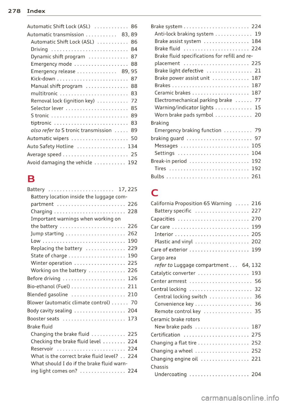 AUDI S4 SEDAN 2013 Owners Manual 278 Index
Automatic Shift Lock (ASL) . . . . . . . . . . . . 86
Automatic transmission . . . . . . . . . . . 83, 89
Automatic Shift Lock (ASL) . . . . . . . . . . . 86
Driving .. AUDI S4 SEDAN 2013 Owners Manual 278 Index
Automatic Shift Lock (ASL) . . . . . . . . . . . . 86
Automatic transmission . . . . . . . . . . . 83, 89
Automatic Shift Lock (ASL) . . . . . . . . . . . 86
Driving ..