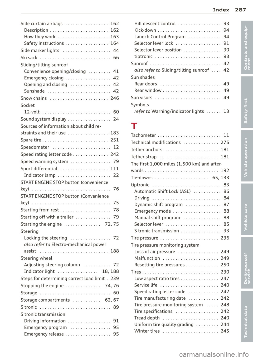 AUDI S4 SEDAN 2013  Owners Manual Side curtain  airbags ..... ... .. .. .. .. .  162 
Descr iption  ..... .. .... ... .. .. .. ...  162 
H ow they  work  . ....... ... .. .. .. .. .  163 
Safety  instructions  ........ .. .. .. .. .  