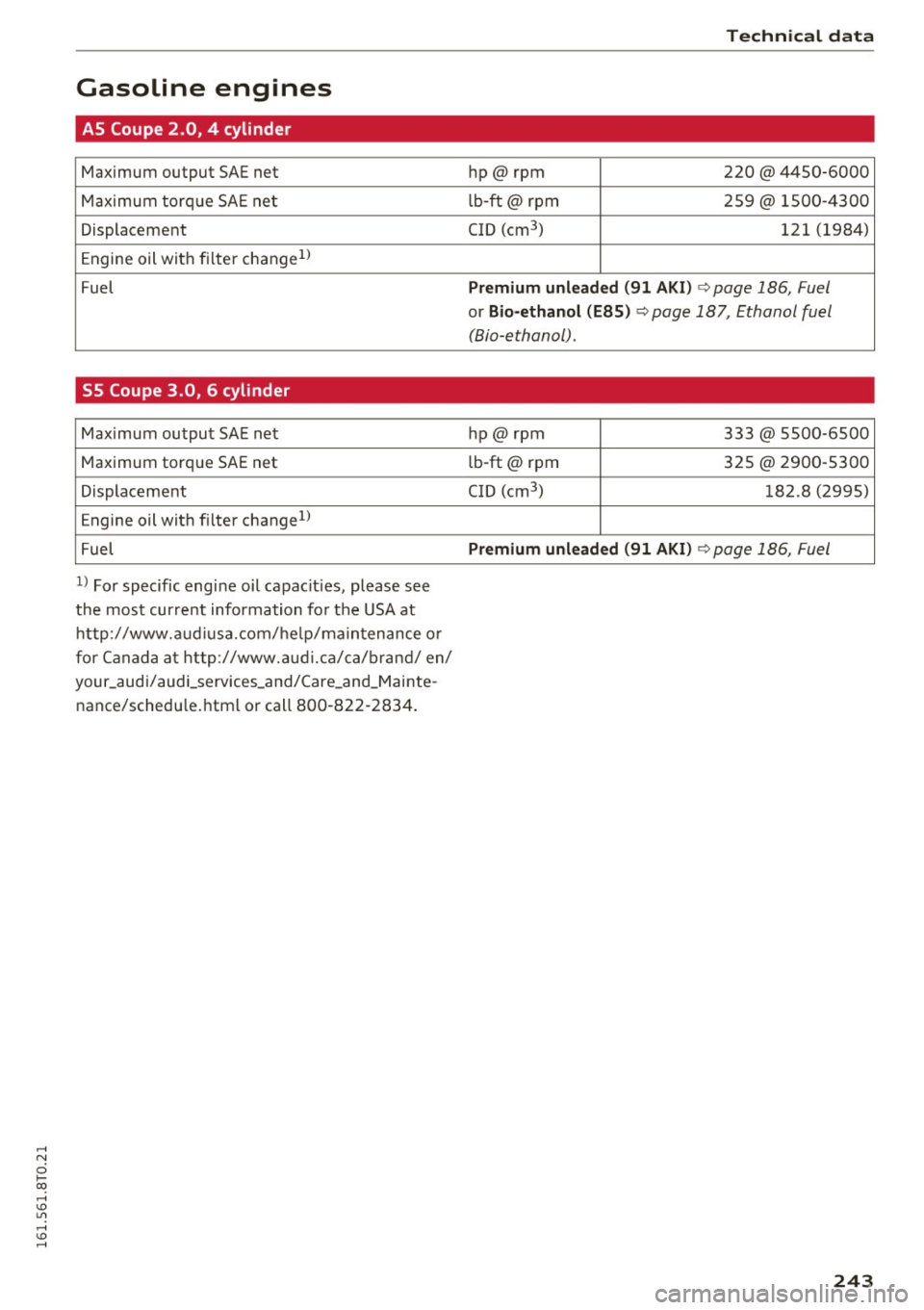 AUDI S5 COUPE 2016 Owners Manual .... N
0 Ico .... <J:) Lil
.... <J:) ....
Gasoline engines
AS Coupe 2.0, 4 cylinder
Maximum output SAE net
Maximum torque SAE net
Displacement
Engine oil with filter change
1>
Fuel AUDI S5 COUPE 2016 Owners Manual .... N
0 Ico .... <J:) Lil
.... <J:) ....
Gasoline engines
AS Coupe 2.0, 4 cylinder
Maximum output SAE net
Maximum torque SAE net
Displacement
Engine oil with filter change
1>
Fuel