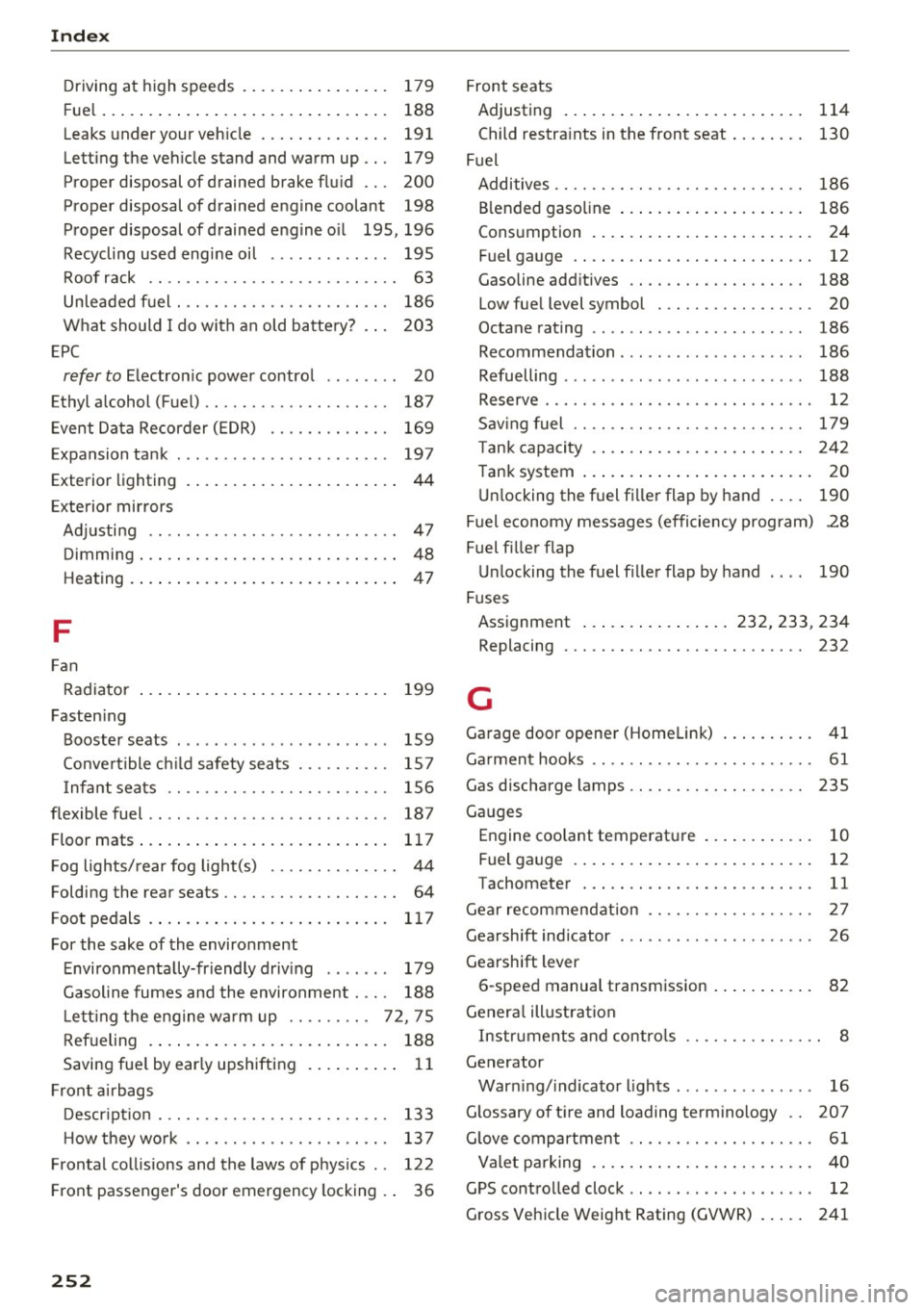 AUDI S5 COUPE 2016  Owners Manual Index 
Driving  at  high  speeds  . . . . . .  . . .  . .  . .  . . .  179 
Fuel  .  . .  . .  . .  . . . .  . . .  .  . . . . . .  . . .  . .  . .  . . .  188 
Leaks under  your  vehicle  .......... 