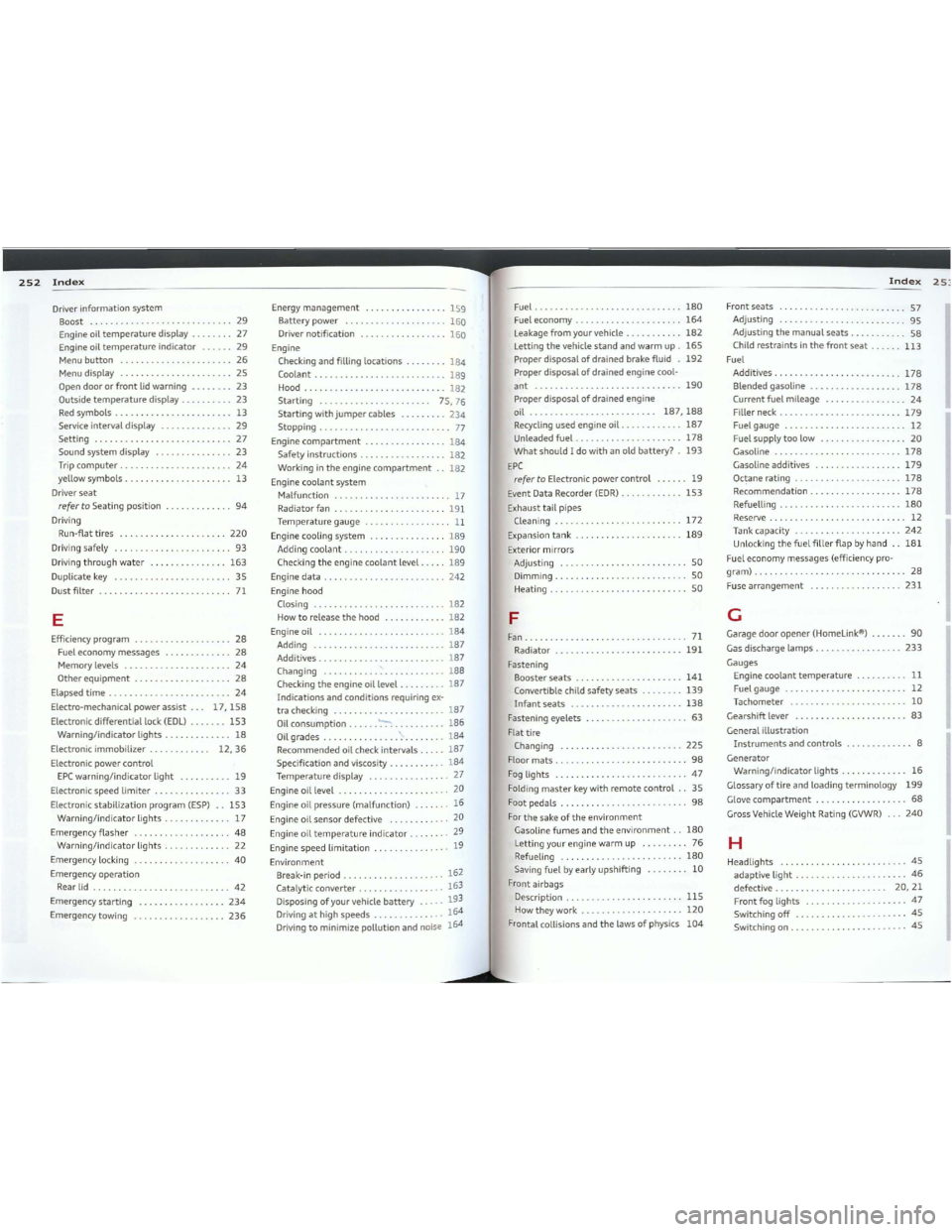 AUDI TT 2012  Owners Manual Downloaded from www.Manualslib.com manuals search engine 252Index
Driverinformationsystem
Boost29
Engineoiltemperaturedisplay27
Engineoiltemperatureindicator29
Menubutton26
Menudisplay25
Opendoororfro