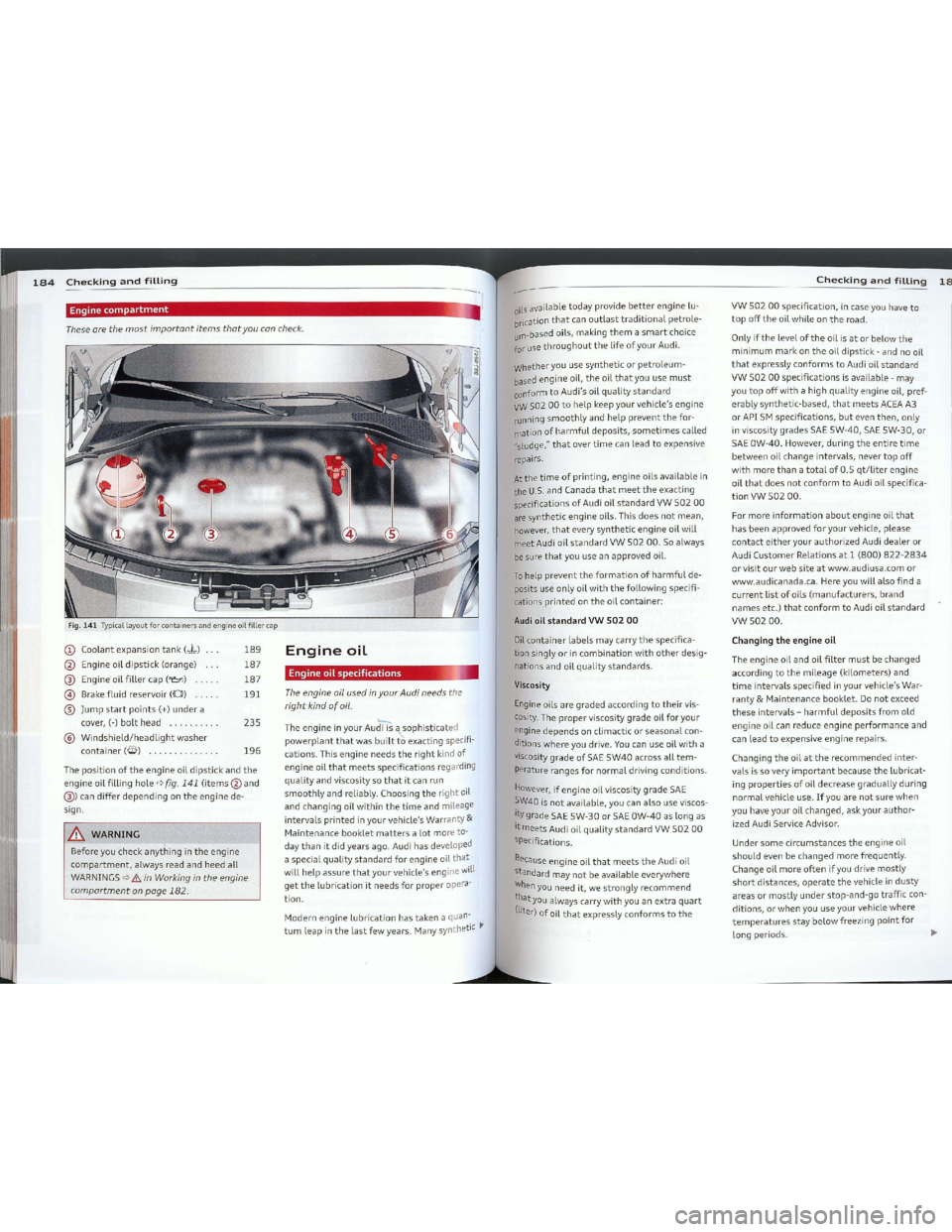 AUDI TT 2012  Owners Manual Downloaded from www.Manualslib.com manuals search engine 184CheckingandfillingCheckingandfilling18
Thesearethemostimportantitemsthatyouconcheck.
Changing theengine ail
Theengineoilandoilfiltermustbech