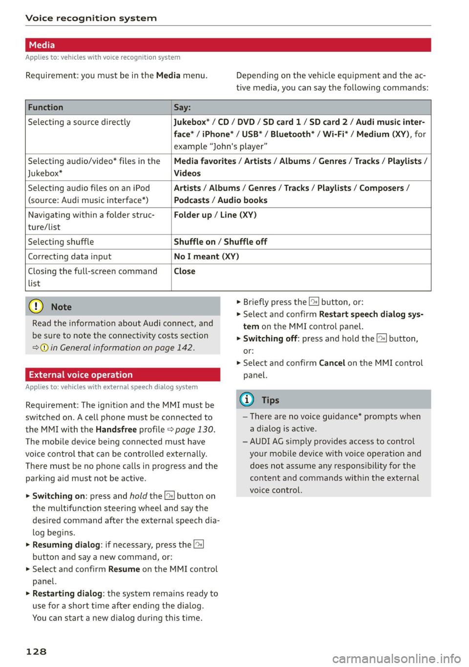 AUDI TT COUPE 2020 Owners Manual Voice recognition system
Applies to: vehicles with voice recognition system
Requirement: you must be in the Media menu. Depending on the vehicle equipment and the ac-
tive media, you can say the AUDI TT COUPE 2020 Owners Manual Voice recognition system
Applies to: vehicles with voice recognition system
Requirement: you must be in the Media menu. Depending on the vehicle equipment and the ac-
tive media, you can say the