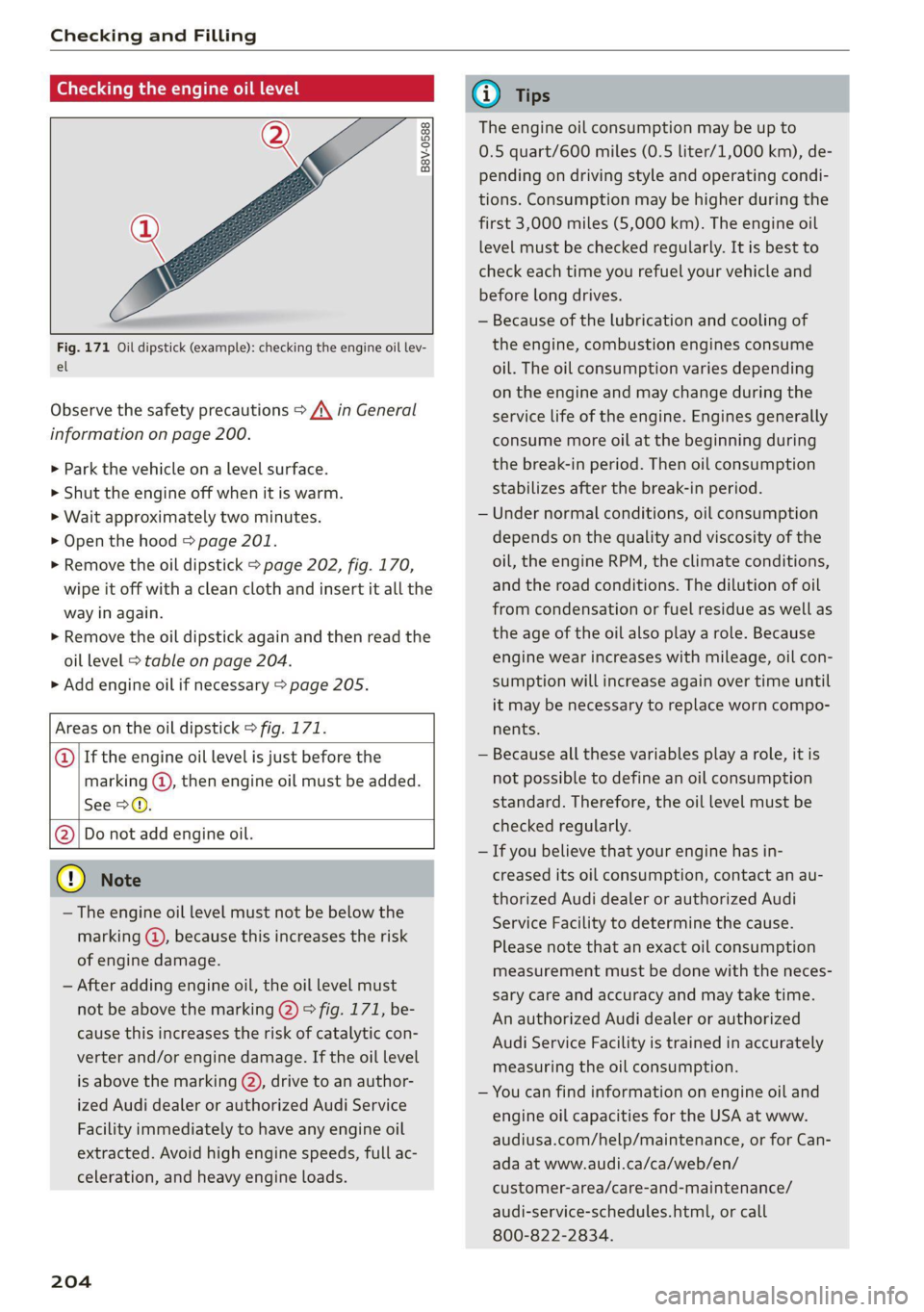 AUDI TT COUPE 2020  Owners Manual Checking and Filling 
  
Checking the engine oil level 
a 
  
B8V-0588 
g 
Fig. 171 Oil dipstick (example): checking the engine oil lev- 
el 
      
Observe the safety precautions > A\ in General 
inf