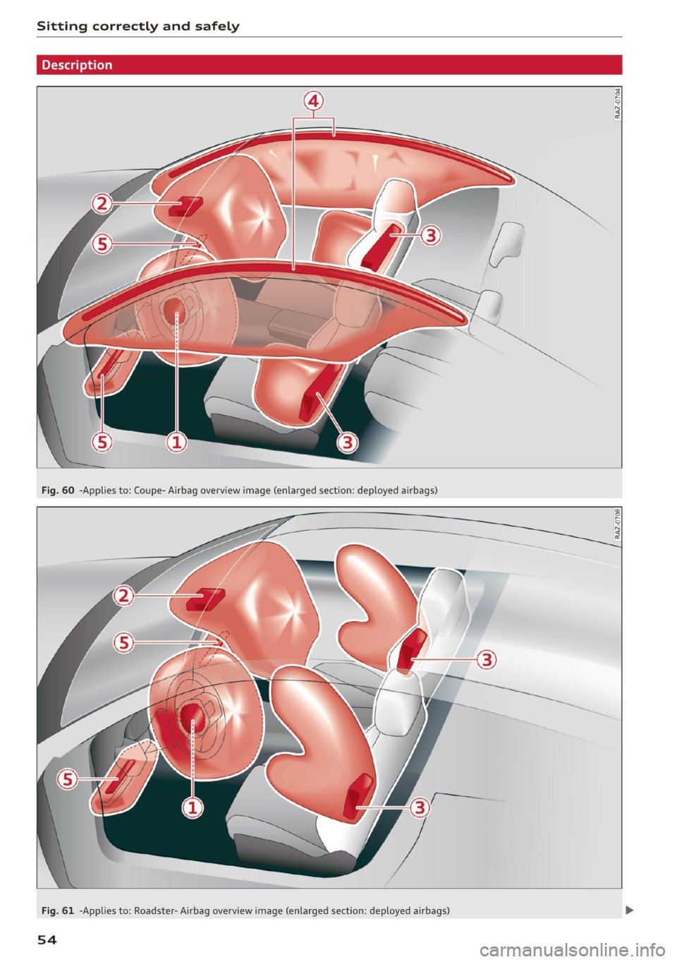 AUDI TT COUPE 2020 Workshop Manual Sitting correctly and safely
Descriptior
RAZ-0704
Fig. 61 -Applies to: Roadster- Airbag overview image (enlarged section: deployed airbags)
54 AUDI TT COUPE 2020 Workshop Manual Sitting correctly and safely
Descriptior
RAZ-0704
Fig. 61 -Applies to: Roadster- Airbag overview image (enlarged section: deployed airbags)
54