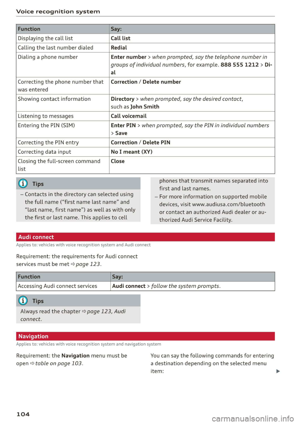 AUDI TT COUPE 2019 Owners Manual Voicerecognitionsystem
DisplayingthecalllistCalllist
CallingthelastnumberdialedRedial
DialingaphonenumberEnternumber>whenprompted,saythetelephonenumberin
groupsofindividualnumbers,forexample.888 AUDI TT COUPE 2019 Owners Manual Voicerecognitionsystem
DisplayingthecalllistCalllist
CallingthelastnumberdialedRedial
DialingaphonenumberEnternumber>whenprompted,saythetelephonenumberin
groupsofindividualnumbers,forexample.888