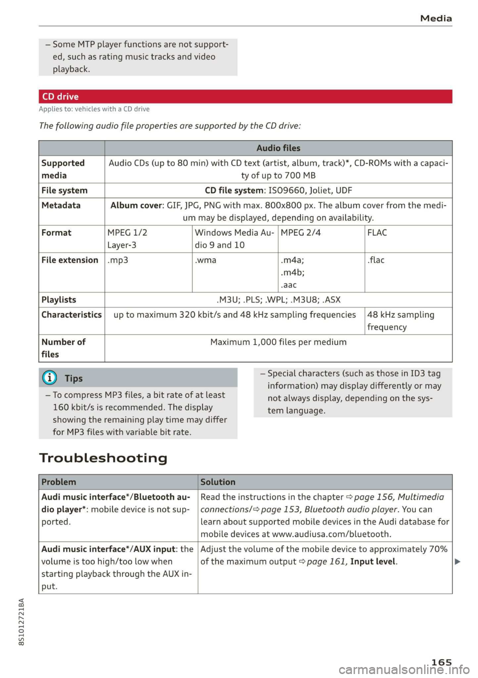 AUDI TT COUPE 2019 Owners Manual 8S1012721BA
Media
—SomeMTPplayerfunctionsarenotsupport-
ed,suchasratingmusictracksandvideo
playback.
Appliesto:vehicleswithaCDdrive
ThefollowingaudiofilepropertiesaresupportedbytheCDdrive:
AUDI TT COUPE 2019 Owners Manual 8S1012721BA
Media
—SomeMTPplayerfunctionsarenotsupport-
ed,suchasratingmusictracksandvideo
playback.
Appliesto:vehicleswithaCDdrive
ThefollowingaudiofilepropertiesaresupportedbytheCDdrive: