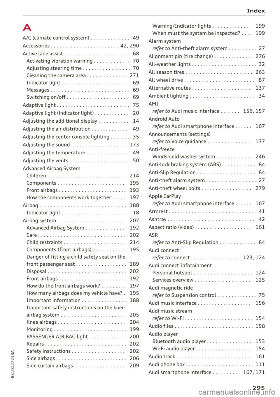 AUDI TT COUPE 2019 Owners Manual 8S1012721BA
A
A/C(climatecontrolsystem)..............49
ACCeSSOFIES«1...eeeee42,290
Activelaneassist...2.wesi«oceenew«oseeave68
Activatingvibrationwarning.............70
Adjustingsteeringtime.... AUDI TT COUPE 2019 Owners Manual 8S1012721BA
A
A/C(climatecontrolsystem)..............49
ACCeSSOFIES«1...eeeee42,290
Activelaneassist...2.wesi«oceenew«oseeave68
Activatingvibrationwarning.............70
Adjustingsteeringtime....
