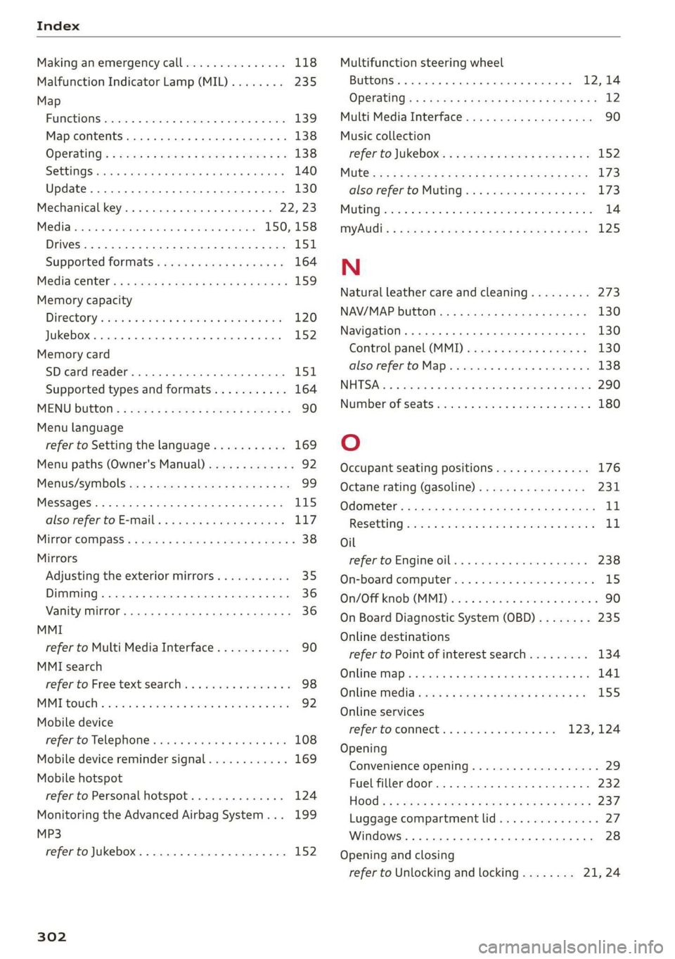 AUDI TT COUPE 2019 Owners Manual Index
Makinganemergencycall...............118
MalfunctionIndicatorLamp(MIL)........235
Map
FUNEGIONSsecs6ccsx 0ammnereoocemnerewwnee139
Mapcontents............0.eeeeeee138
Operating’:ssxe5 +seme== AUDI TT COUPE 2019 Owners Manual Index
Makinganemergencycall...............118
MalfunctionIndicatorLamp(MIL)........235
Map
FUNEGIONSsecs6ccsx 0ammnereoocemnerewwnee139
Mapcontents............0.eeeeeee138
Operating’:ssxe5 +seme==