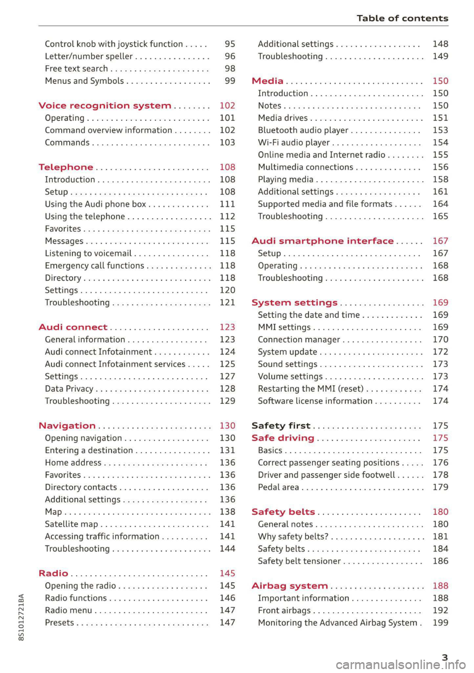 AUDI TT COUPE 2019 Owners Manual 8S1012721BA
Tableofcontents
Controlknobwithjoystickfunction.....95
Letter/numberspeller................96
Freetextsearch.....0seeseeeeeees98
MenusandSymbols...............-.-99
Voicerecognitionsyste AUDI TT COUPE 2019 Owners Manual 8S1012721BA
Tableofcontents
Controlknobwithjoystickfunction.....95
Letter/numberspeller................96
Freetextsearch.....0seeseeeeeees98
MenusandSymbols...............-.-99
Voicerecognitionsyste