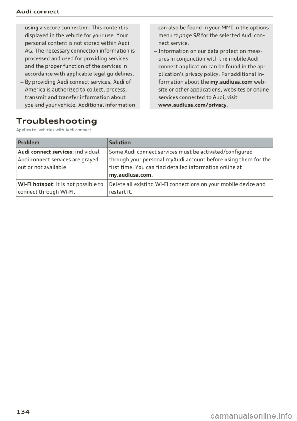 AUDI TT COUPE 2017 Workshop Manual Audi  connect 
using  a secure connection.  This content  is 
displayed  in the  vehicle  for  your  use. Your  personal  content  is not  stored  within  Audi 
AG. The necessary connection  informati