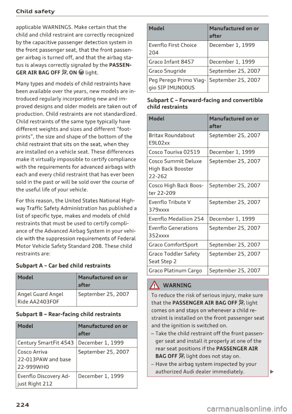 AUDI TT COUPE 2017 Owners Manual Child safet y
applicab le WARN INGS . Make certain that the
chi ld and child restraint are correct ly recognized
by the capacit ive passenger detection system in
the front passenger sea AUDI TT COUPE 2017 Owners Manual Child safet y
applicab le WARN INGS . Make certain that the
chi ld and child restraint are correct ly recognized
by the capacit ive passenger detection system in
the front passenger sea