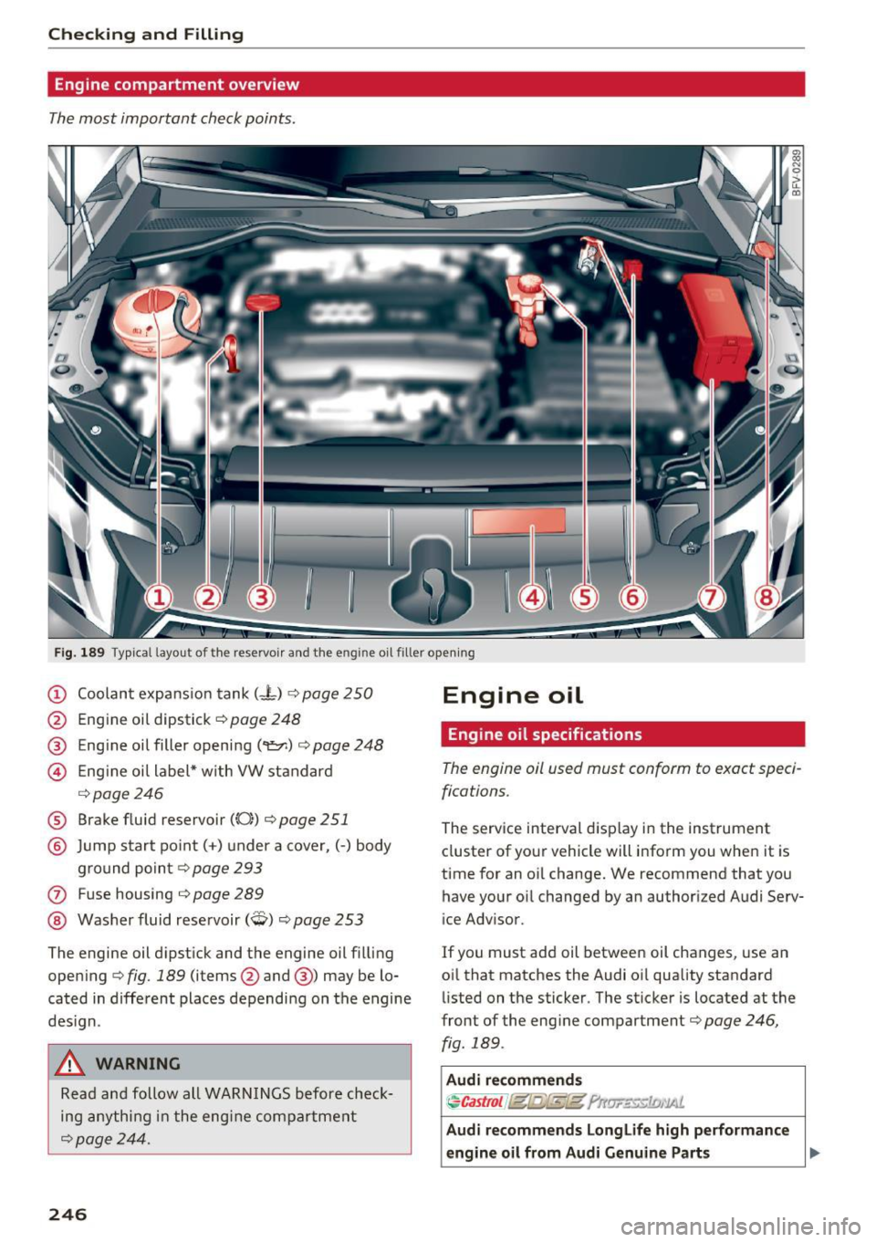 AUDI TT COUPE 2017 Owners Manual Checking and Filling
Engine compartment overview
The most important check points.
Fig. 189 Typ ical l ayout of the reservoir and the engine o il filler opening
(D Coolant expansion AUDI TT COUPE 2017 Owners Manual Checking and Filling
Engine compartment overview
The most important check points.
Fig. 189 Typ ical l ayout of the reservoir and the engine o il filler opening
(D Coolant expansion