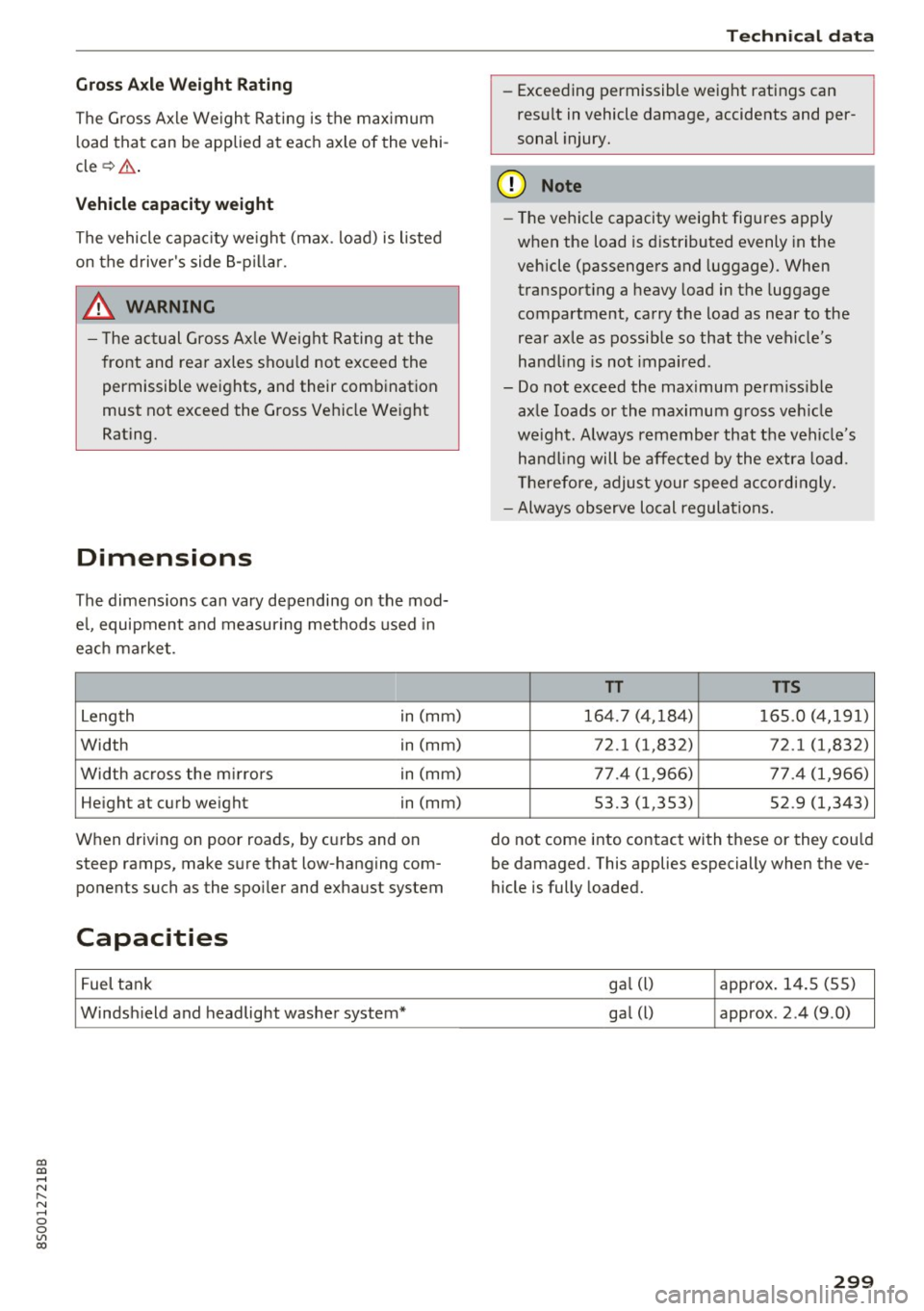 AUDI TT COUPE 2017  Owners Manual co 
co 
.... N 
" N .... 0 
0 
Vl c:o 
Gross Axle  Weight  Rating 
The G ross Axle  We igh t Rating  is the  max imum 
l oad that  can be applied  at  each axle of  the  vehi ­
cle ~.& . 
Vehicle cap