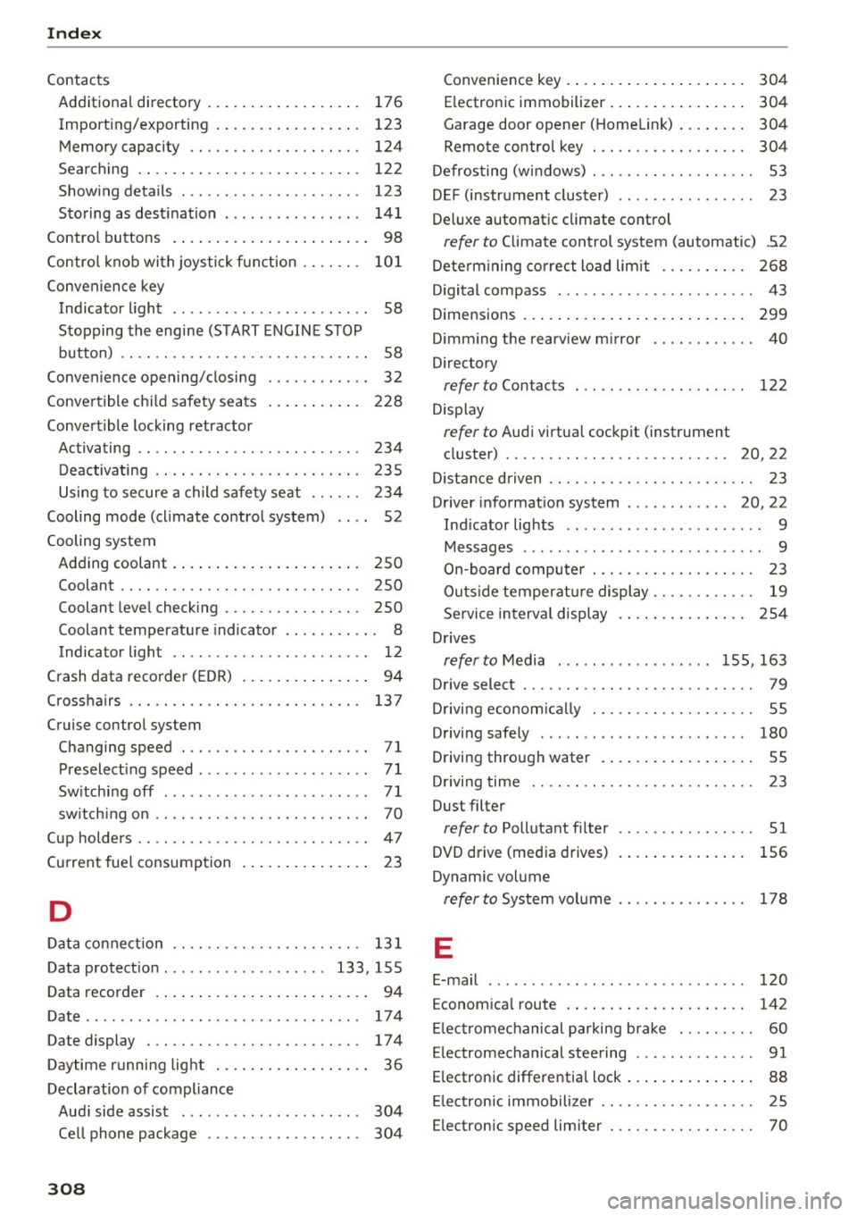 AUDI TT COUPE 2017  Owners Manual Index 
Contacts Additional  directory.............. .... 
176 
Import ing/exporting  . . .  . . . .  . . .  . .  . .  . .  . 123 
Memory  capaci ty  . . . .  . .  . . .  . . . .  . . . .  . .  . 124 
