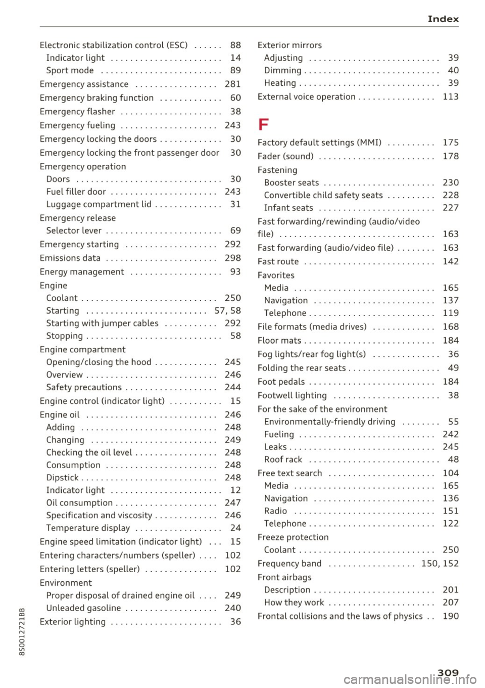 AUDI TT COUPE 2017 User Guide co
co
.... N
" N .... 0
0
Vl c:o
Electronic stabilization control (ESC) . . . . . . 88
Indicator light . . . . . . . . . . . . . . . . . . . . . . . 14
Sport mode . . . . . AUDI TT COUPE 2017 User Guide co
co
.... N
" N .... 0
0
Vl c:o
Electronic stabilization control (ESC) . . . . . . 88
Indicator light . . . . . . . . . . . . . . . . . . . . . . . 14
Sport mode . . . . .