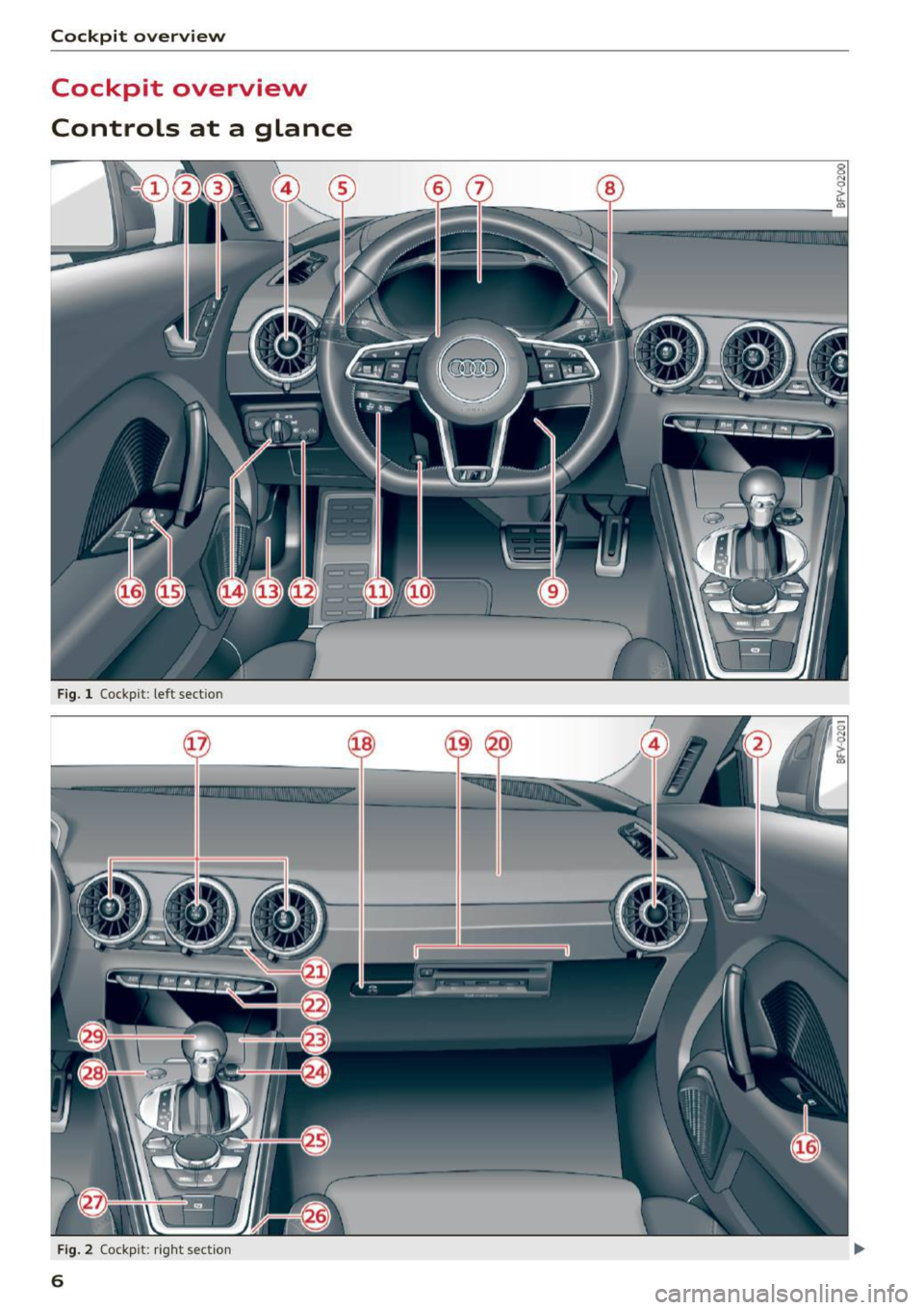 AUDI TT COUPE 2017 Owners Manual Cockpit overview
Cockpit overview
Controls at a glance
Fig. 1 Cockpit : left section
F ig. 2 Cockpit: rig ht sect ion
6 AUDI TT COUPE 2017 Owners Manual Cockpit overview
Cockpit overview
Controls at a glance
Fig. 1 Cockpit : left section
F ig. 2 Cockpit: rig ht sect ion
6