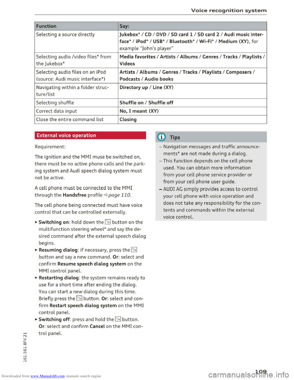 AUDI TT COUPE 2016 Owners Manual Downloaded from www.Manualslib.com manuals search engine Voice recognition system
Function Say:
Selecting a source directly Jukebo x* I CD I D V D I SD card 1 I S D card 2 I Aud i mu sic inter-
f AUDI TT COUPE 2016 Owners Manual Downloaded from www.Manualslib.com manuals search engine Voice recognition system
Function Say:
Selecting a source directly Jukebo x* I CD I D V D I SD card 1 I S D card 2 I Aud i mu sic inter-
f
