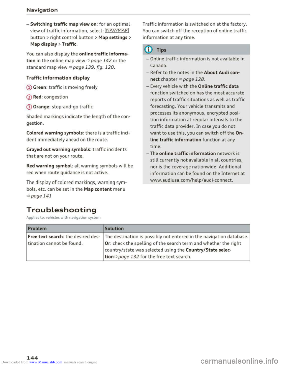 AUDI TT COUPE 2016 Owners Manual Downloaded from www.Manualslib.com manuals search engine Navigation
-Switching traffic map view on: for an optimal
view of traffic information, select: I NAV/MAPI
button > right control button > M AUDI TT COUPE 2016 Owners Manual Downloaded from www.Manualslib.com manuals search engine Navigation
-Switching traffic map view on: for an optimal
view of traffic information, select: I NAV/MAPI
button > right control button > M