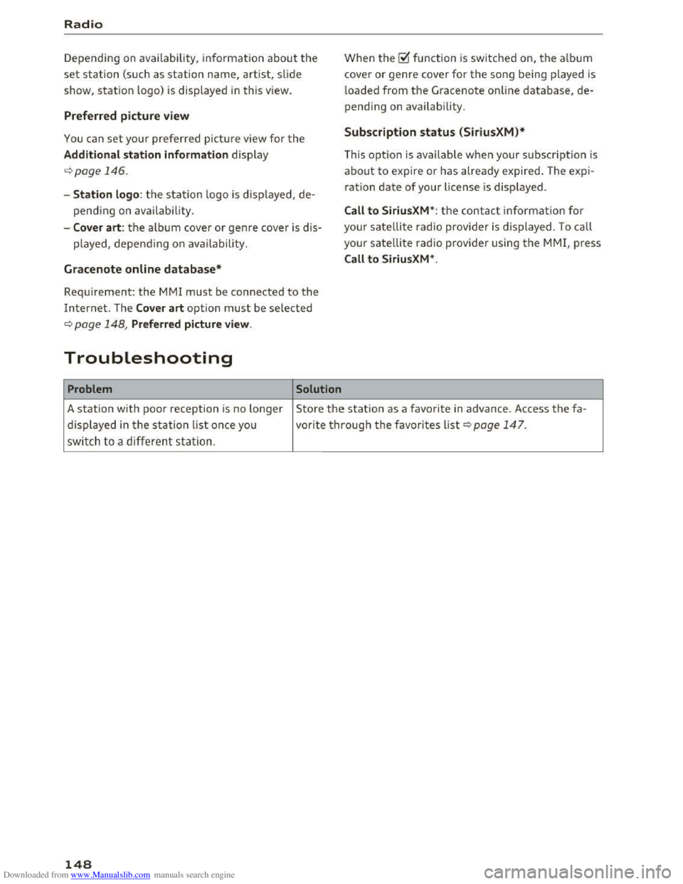 AUDI TT COUPE 2016 Owners Manual Downloaded from www.Manualslib.com manuals search engine Radio
Depending on availability, in formation about the
set station (such as station name, artist, slide
show,
station logo) is displayed AUDI TT COUPE 2016 Owners Manual Downloaded from www.Manualslib.com manuals search engine Radio
Depending on availability, in formation about the
set station (such as station name, artist, slide
show,
station logo) is displayed