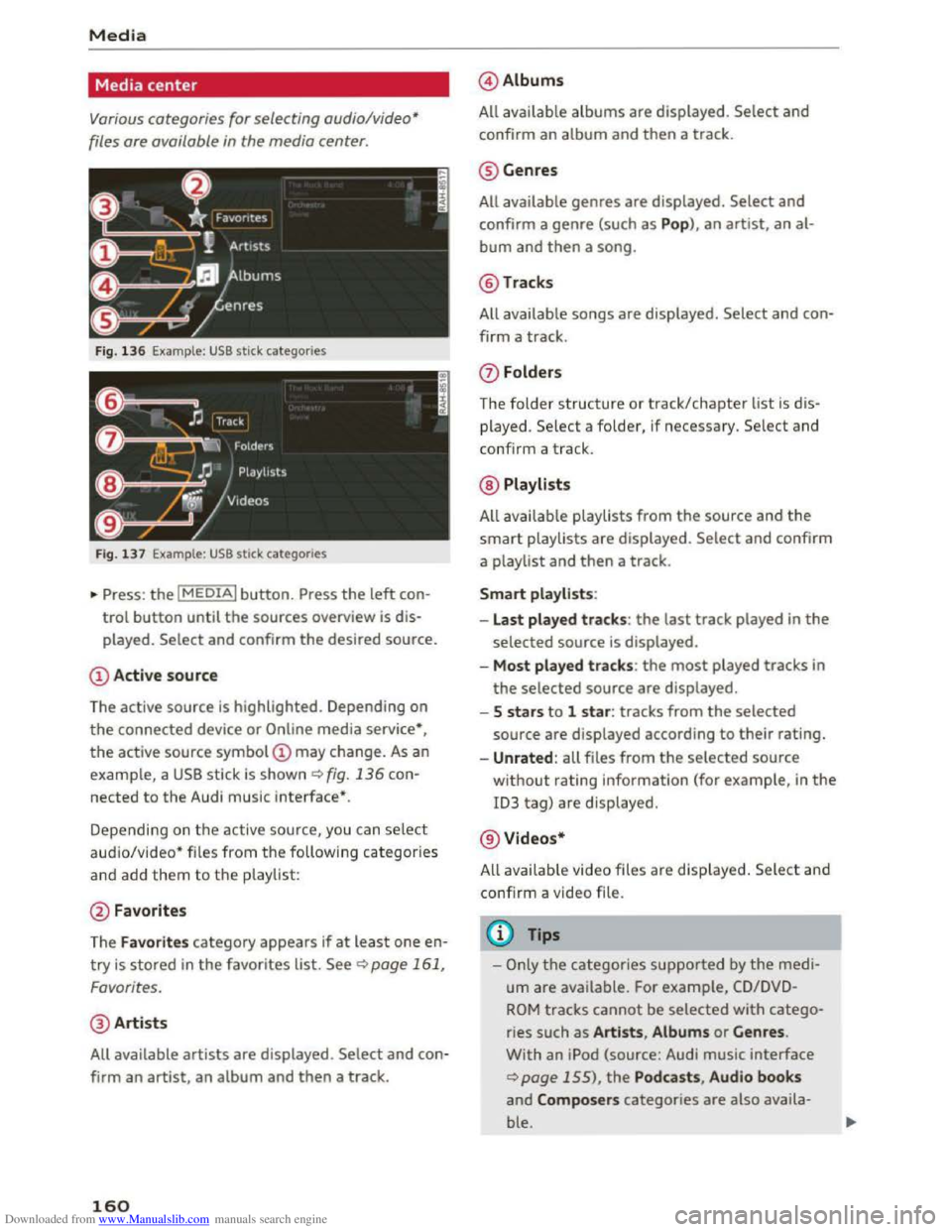 AUDI TT COUPE 2016 Owners Manual Downloaded from www.Manualslib.com manuals search engine Media
Media center
Various categories for selecting audio/video*
files are available
in the media center.
Fig. 136 Example : USB stic AUDI TT COUPE 2016 Owners Manual Downloaded from www.Manualslib.com manuals search engine Media
Media center
Various categories for selecting audio/video*
files are available
in the media center.
Fig. 136 Example : USB stic