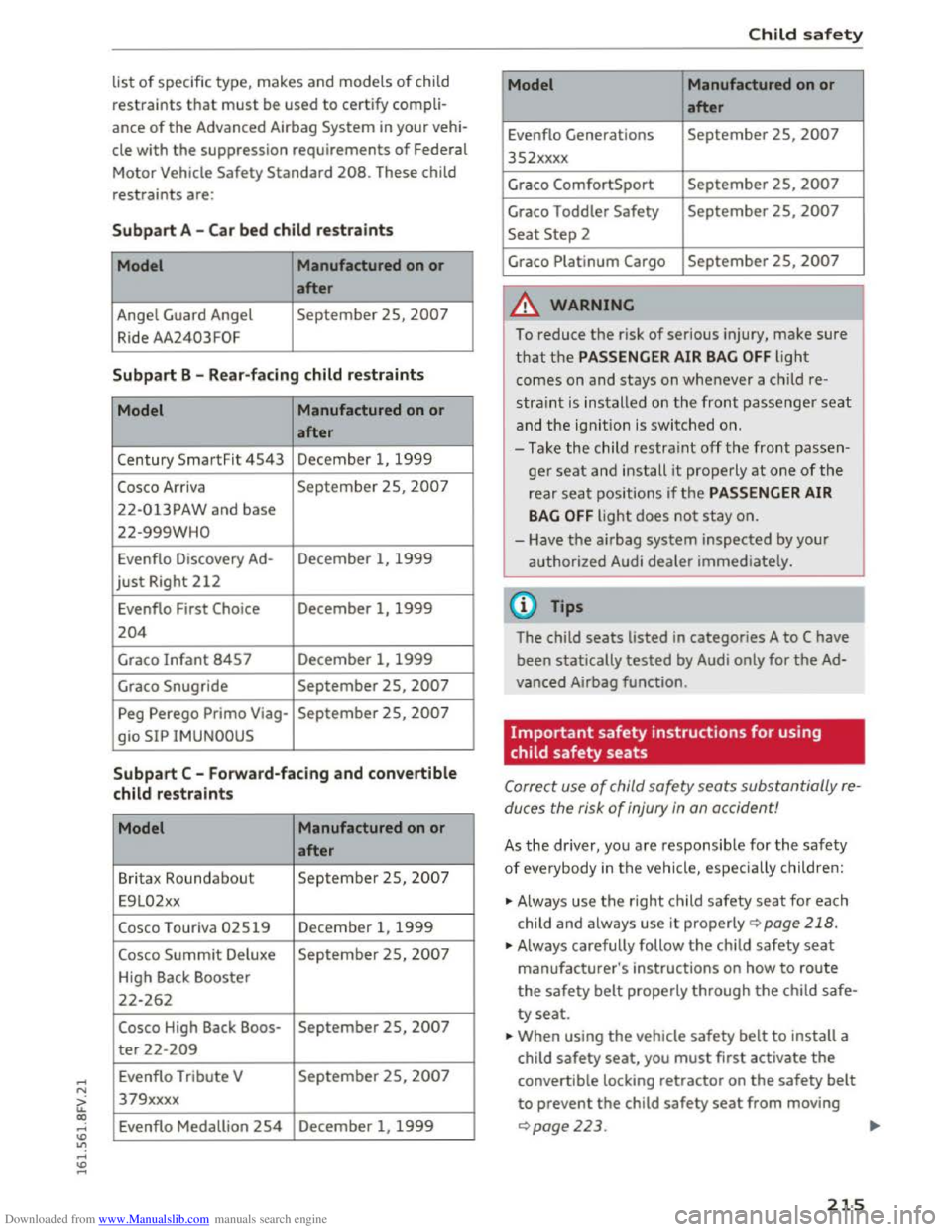 AUDI TT COUPE 2016 Owners Manual Downloaded from www.Manualslib.com manuals search engine ...... N
> u. CX> ...... u:>
" ..... u:> .....
list of specific type, makes and models of child
restraints that must be used to certify co AUDI TT COUPE 2016 Owners Manual Downloaded from www.Manualslib.com manuals search engine ...... N
> u. CX> ...... u:>
" ..... u:> .....
list of specific type, makes and models of child
restraints that must be used to certify co