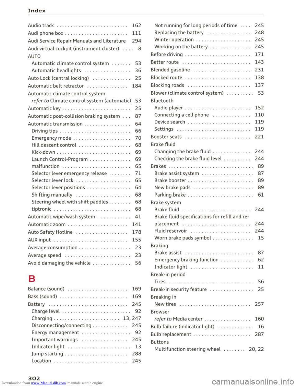 AUDI TT COUPE 2016 Manual Online Downloaded from www.Manualslib.com manuals search engine Index
Audio track . . . . . . . . . . . . . . . . . . . . . . . . . . 162
Audi phone
box.................... .. . 111
Audi Serv AUDI TT COUPE 2016 Manual Online Downloaded from www.Manualslib.com manuals search engine Index
Audio track . . . . . . . . . . . . . . . . . . . . . . . . . . 162
Audi phone
box.................... .. . 111
Audi Serv