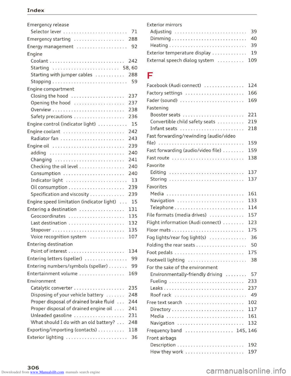 AUDI TT COUPE 2016 Manual Online Downloaded from www.Manualslib.com manuals search engine Index
Emergency release
Selector
Lever . . . . . . . . . . . . . . . . . . . . . . . . 71
Emergency starting . . . . . . . . . . . AUDI TT COUPE 2016 Manual Online Downloaded from www.Manualslib.com manuals search engine Index
Emergency release
Selector
Lever . . . . . . . . . . . . . . . . . . . . . . . . 71
Emergency starting . . . . . . . . . . .