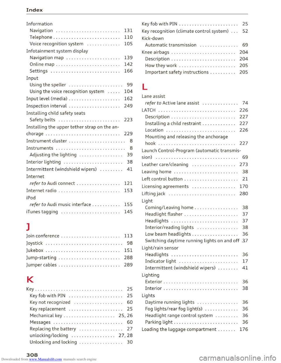 AUDI TT COUPE 2016 Owners Manual Downloaded from www.Manualslib.com manuals search engine Index
Information
Navigation . . . . . . . . . . . . . . . . . . . . . . . . . 131
Telephone. ... .. ... ...
..... .. .. .. .. . 1 10 AUDI TT COUPE 2016 Owners Manual Downloaded from www.Manualslib.com manuals search engine Index
Information
Navigation . . . . . . . . . . . . . . . . . . . . . . . . . 131
Telephone. ... .. ... ...
..... .. .. .. .. . 1 10