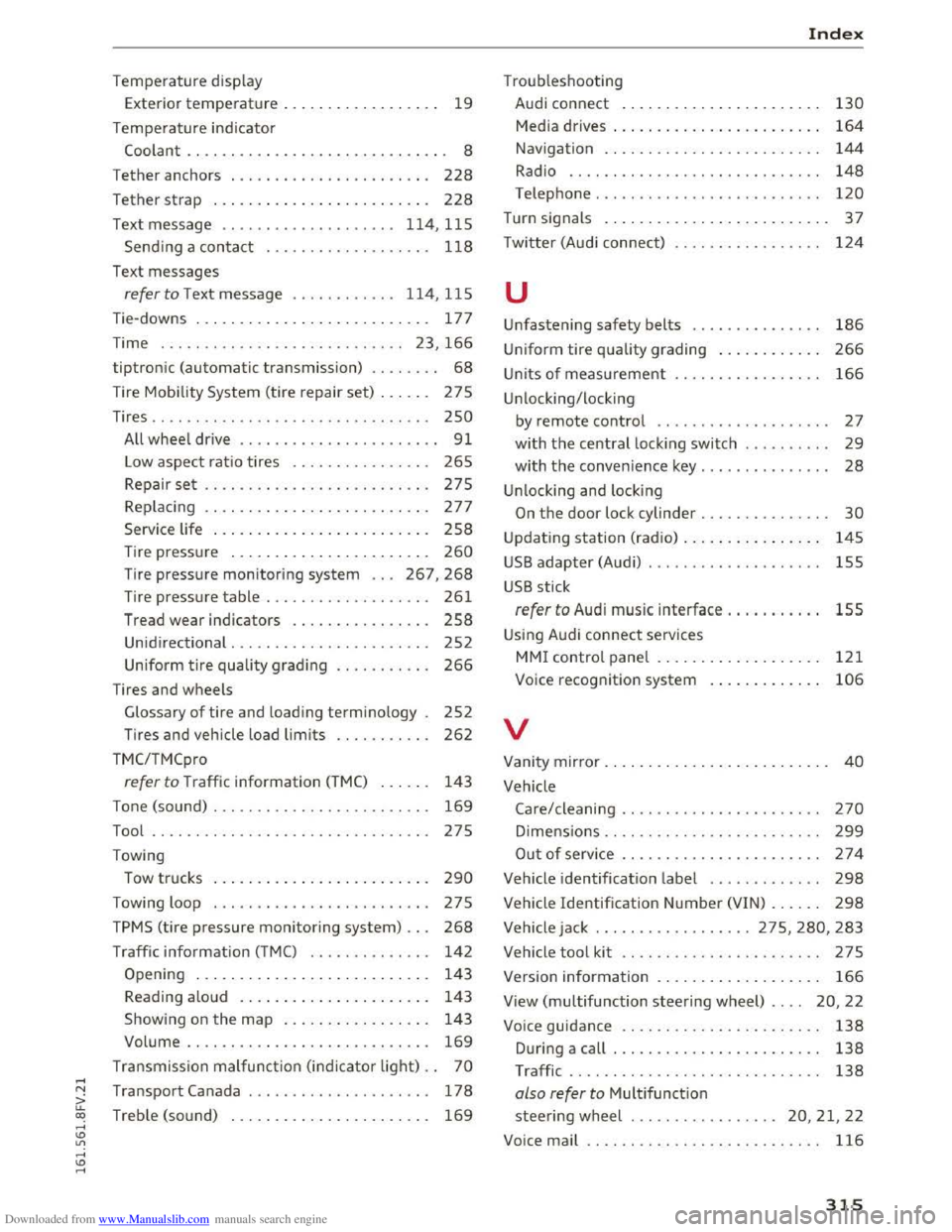 AUDI TT COUPE 2016 Owners Manual Downloaded from www.Manualslib.com manuals search engine .....
Temperature display
Exterior
temperature . . . . . . . . . . . . . . . . . . 19
Temperature indicator
Coolant . . . . . . AUDI TT COUPE 2016 Owners Manual Downloaded from www.Manualslib.com manuals search engine .....
Temperature display
Exterior
temperature . . . . . . . . . . . . . . . . . . 19
Temperature indicator
Coolant . . . . . .
