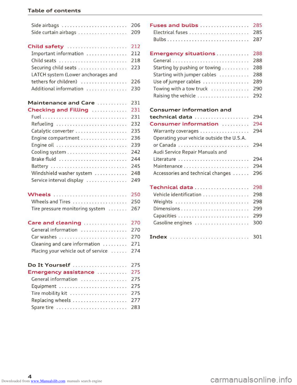 AUDI TT COUPE 2016  Owners Manual Downloaded from www.Manualslib.com manuals search engine Table of contents 
Side airbags  . . . . .  . .  . .  . . . . .  . . .  . .  . .  . . . 206 
Side  cu rtain  airbags  . .  . . . . . .  . . .  