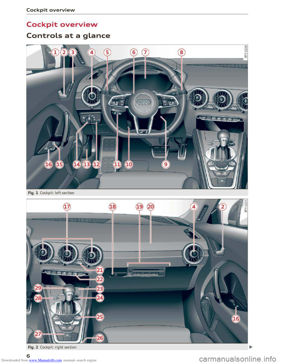 AUDI TT COUPE 2016 Owners Manual Downloaded from www.Manualslib.com manuals search engine Cockpit overview
Cockpit overview
Controls at a glance
Fig. 1 Cockpit : left section
F i
g. 2 Cockpit: rig ht section
6 AUDI TT COUPE 2016 Owners Manual Downloaded from www.Manualslib.com manuals search engine Cockpit overview
Cockpit overview
Controls at a glance
Fig. 1 Cockpit : left section
F i
g. 2 Cockpit: rig ht section
6