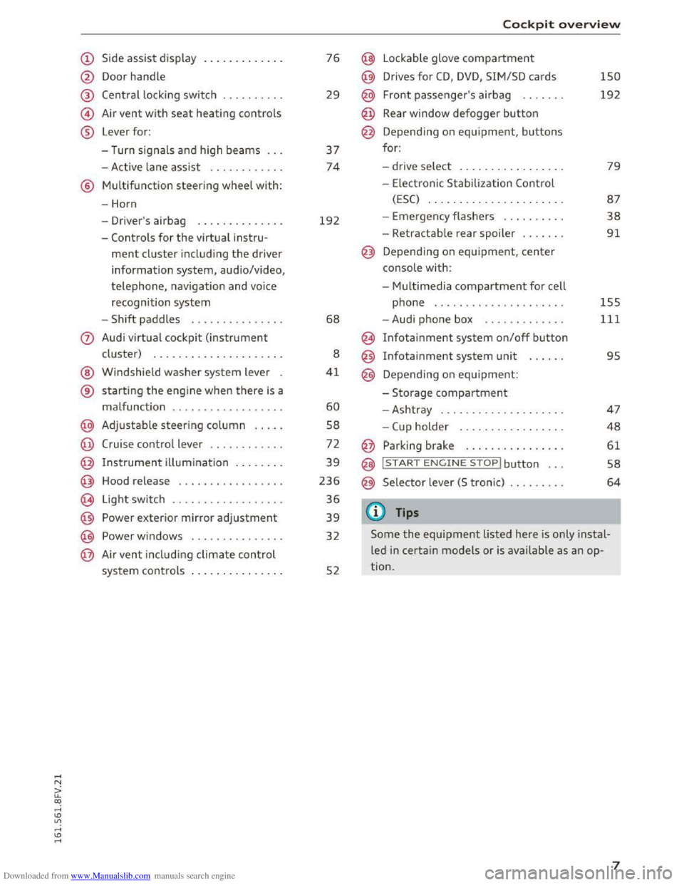AUDI TT COUPE 2016 Owners Manual Downloaded from www.Manualslib.com manuals search engine (!) Side assist display ............ .
@ Door handle
@
©
®
Central locking switch
Air
vent with seat heating controls
Lever for: AUDI TT COUPE 2016 Owners Manual Downloaded from www.Manualslib.com manuals search engine (!) Side assist display ............ .
@ Door handle
@
©
®
Central locking switch
Air
vent with seat heating controls
Lever for: