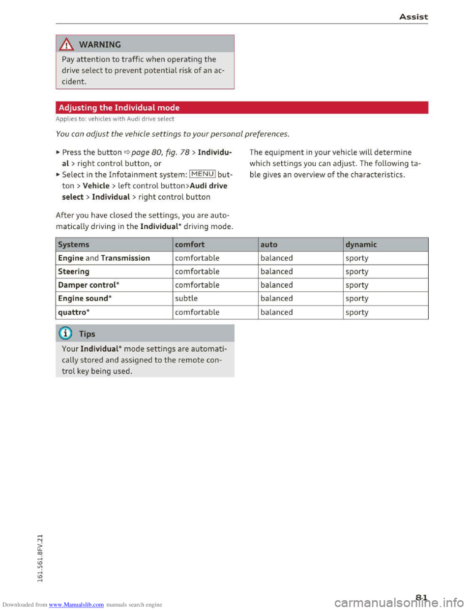 AUDI TT COUPE 2016 Manual Online Downloaded from www.Manualslib.com manuals search engine A WARNING
Pay attention to traffic when operating the
drive select to prevent potential risk of an ac
cident.
Adjusting the Individual m AUDI TT COUPE 2016 Manual Online Downloaded from www.Manualslib.com manuals search engine A WARNING
Pay attention to traffic when operating the
drive select to prevent potential risk of an ac
cident.
Adjusting the Individual m