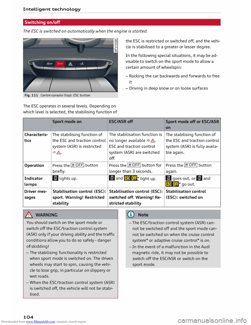 AUDI TT COUPE 2014 Owners Manual Downloaded from www.Manualslib.com manuals search engine Intelligent
technology
Switching on/off
The ESC is switched on automatically when the engine is started.
Fig. 111 Centre console AUDI TT COUPE 2014 Owners Manual Downloaded from www.Manualslib.com manuals search engine Intelligent
technology
Switching on/off
The ESC is switched on automatically when the engine is started.
Fig. 111 Centre console