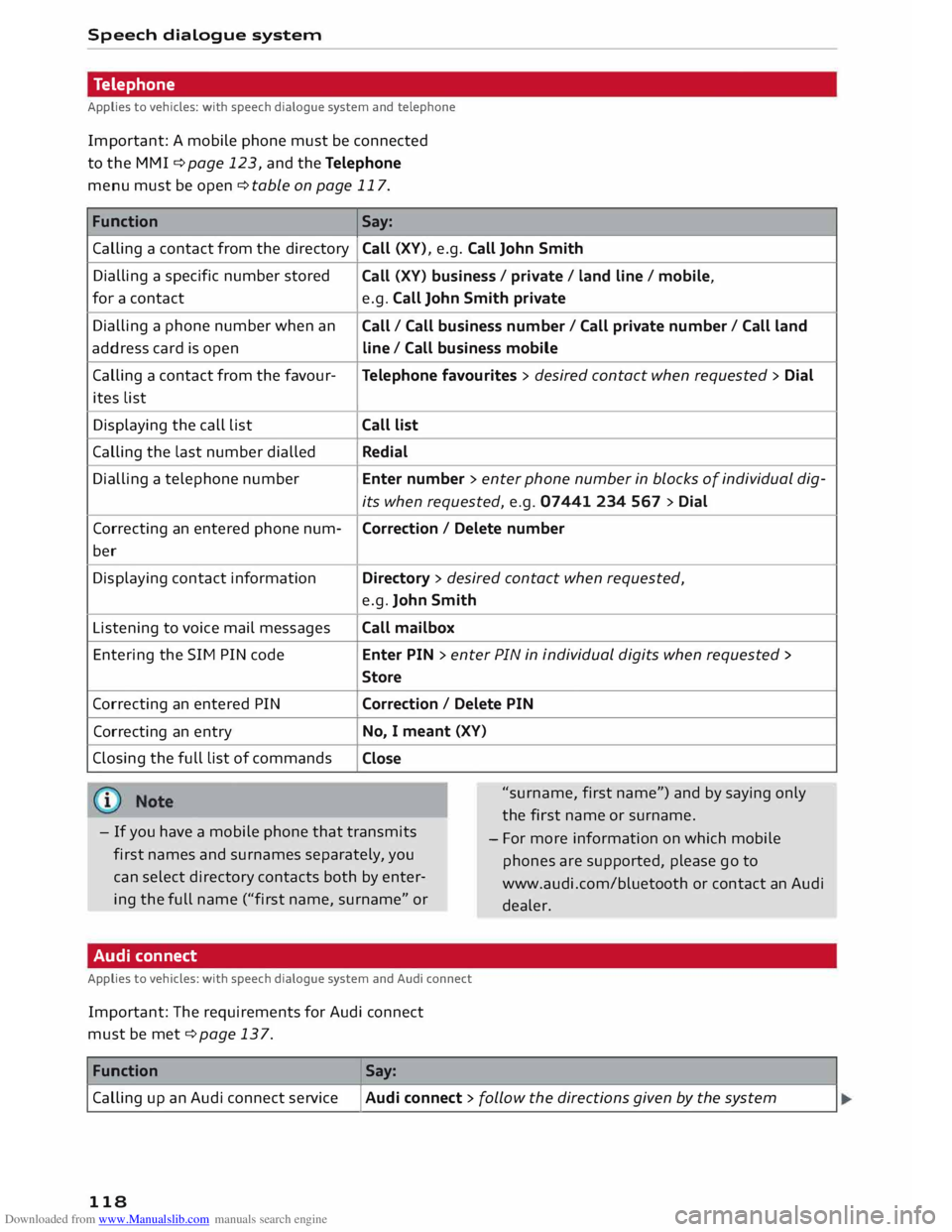 AUDI TT COUPE 2014 Owners Manual Downloaded from www.Manualslib.com manuals search engine Speech
dialogue system
Telephone
Applies to vehicles: with speech dialogue system and telephone
Important: A mobile phone must be co AUDI TT COUPE 2014 Owners Manual Downloaded from www.Manualslib.com manuals search engine Speech
dialogue system
Telephone
Applies to vehicles: with speech dialogue system and telephone
Important: A mobile phone must be co