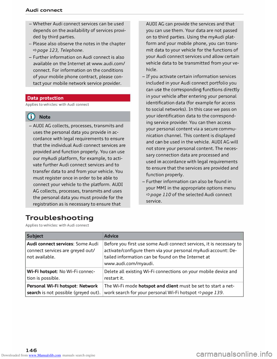 AUDI TT COUPE 2014 Owners Manual Downloaded from www.Manualslib.com manuals search engine Audi
connect
- Whether Audi connect services can be used
depends on the availability of services provi
ded by third parties.
- Plea AUDI TT COUPE 2014 Owners Manual Downloaded from www.Manualslib.com manuals search engine Audi
connect
- Whether Audi connect services can be used
depends on the availability of services provi
ded by third parties.
- Plea