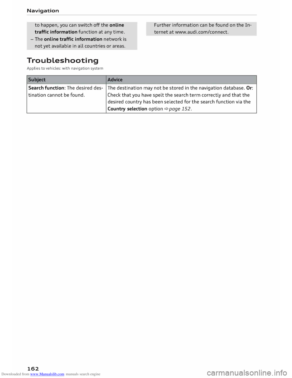 AUDI TT COUPE 2014 Owners Manual Downloaded from www.Manualslib.com manuals search engine Navigation
to happen, you can switch off the on line
traffic information function at any time.
- The online traffic information ne AUDI TT COUPE 2014 Owners Manual Downloaded from www.Manualslib.com manuals search engine Navigation
to happen, you can switch off the on line
traffic information function at any time.
- The online traffic information ne