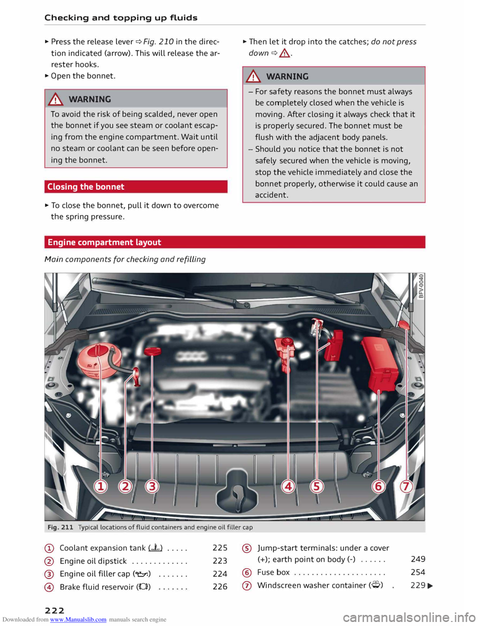 AUDI TT COUPE 2014 Service Manual Downloaded from www.Manualslib.com manuals search engine Checking
and topping up fluids
.. Press the release lever ¢Fig. 210 in the direc
tion indicated (arrow). This will release the a AUDI TT COUPE 2014 Service Manual Downloaded from www.Manualslib.com manuals search engine Checking
and topping up fluids
.. Press the release lever ¢Fig. 210 in the direc
tion indicated (arrow). This will release the a