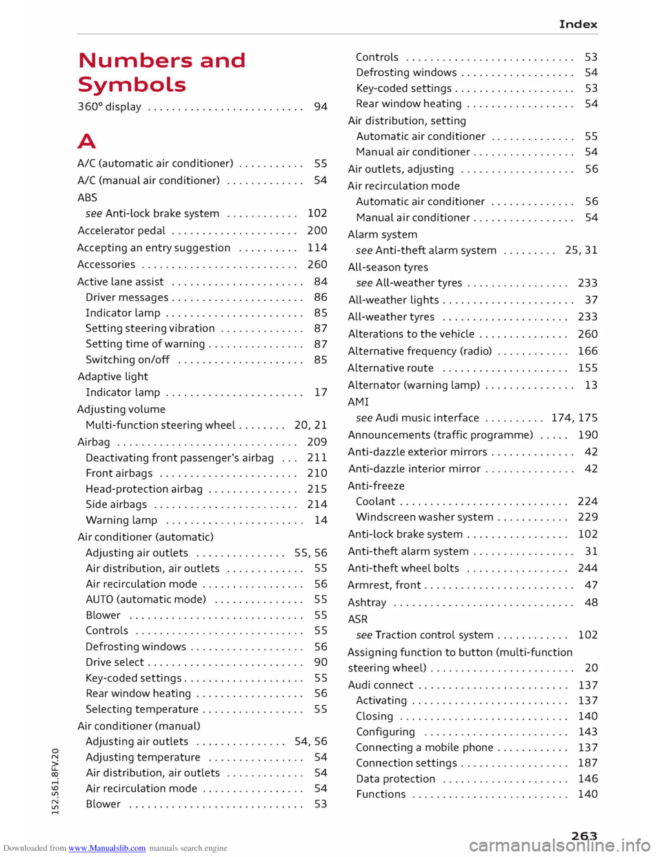 AUDI TT COUPE 2014 Owners Manual Downloaded from www.Manualslib.com manuals search engine Numbers
and
Symbols
360 °
display . . . . . . . . . . . . . . . . . . . . . . . . . .
94
A
A/C (automatic air conditioner) . . AUDI TT COUPE 2014 Owners Manual Downloaded from www.Manualslib.com manuals search engine Numbers
and
Symbols
360 °
display . . . . . . . . . . . . . . . . . . . . . . . . . .
94
A
A/C (automatic air conditioner) . .