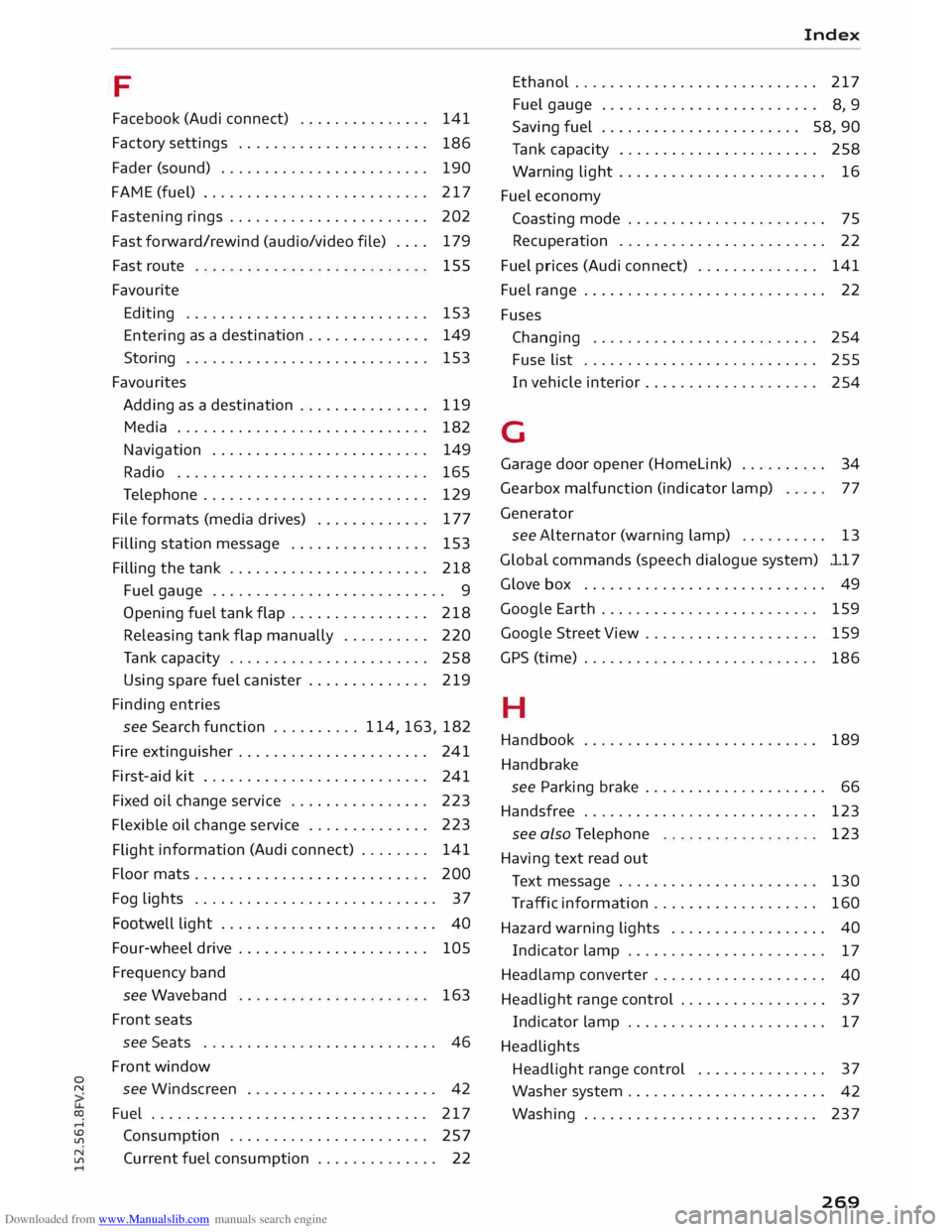 AUDI TT COUPE 2014  Owners Manual Downloaded from www.Manualslib.com manuals search engine 0 
N 
co 
.... 
\D  L/'l 
N 
L/'l 
....  F 
Facebook  (Audi connect)  . . . . . . . . . . . . . . .  141 
Factory  settings  . . . . . 