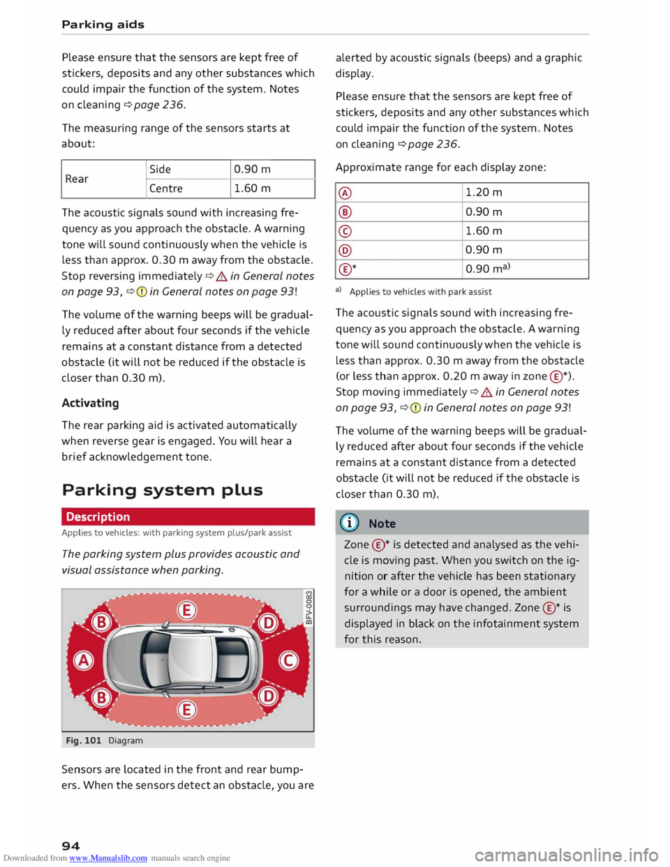AUDI TT COUPE 2014 User Guide Downloaded from www.Manualslib.com manuals search engine Parking
aids
Please ensure that the sensors are kept free of
stickers, deposits and any other substances which
could impair the f AUDI TT COUPE 2014 User Guide Downloaded from www.Manualslib.com manuals search engine Parking
aids
Please ensure that the sensors are kept free of
stickers, deposits and any other substances which
could impair the f