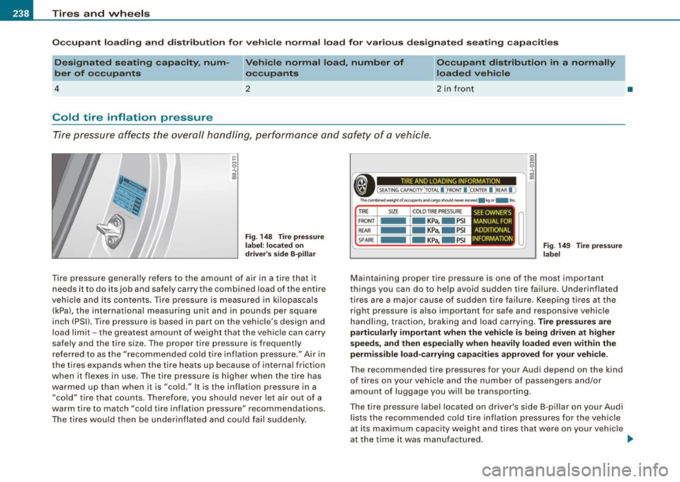 AUDI TT COUPE 2009 Owners Manual ___ T_ i_ r_e _s_ a_ n_ d_ w_ h_ e_ e _ ls _________________________________________________ _
Occupant loading and distribution for vehicle normal load for various designated seating ca AUDI TT COUPE 2009 Owners Manual ___ T_ i_ r_e _s_ a_ n_ d_ w_ h_ e_ e _ ls _________________________________________________ _
Occupant loading and distribution for vehicle normal load for various designated seating ca