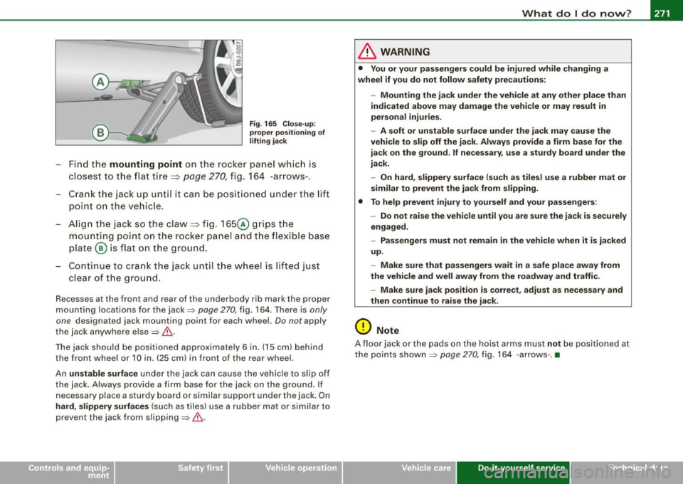 AUDI TT COUPE 2009 Owners Manual What do I do now? -
------------------
Fig. 165 Close-up:
proper positioning of
lifting jack
- Find the mounting point on the rocker panel which is
closest to the flat tire =>
pa AUDI TT COUPE 2009 Owners Manual What do I do now? -
------------------
Fig. 165 Close-up:
proper positioning of
lifting jack
- Find the mounting point on the rocker panel which is
closest to the flat tire =>
pa