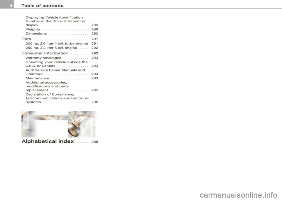AUDI TT COUPE 2009 Owners Manual Table of contents
Displaying Vehicle Iden tifica tion
Number in the Dr iver Info rmat ion
display . . . . . . . . . . . . . . . . . . . . . . . . 289
Weig hts . . . . . AUDI TT COUPE 2009 Owners Manual Table of contents
Displaying Vehicle Iden tifica tion
Number in the Dr iver Info rmat ion
display . . . . . . . . . . . . . . . . . . . . . . . . 289
Weig hts . . . . .