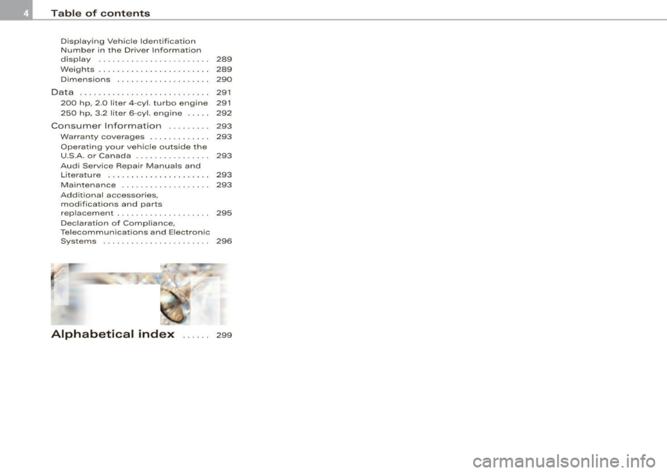 AUDI TT COUPE 2009  Owners Manual Table  of  contents 
Displaying  Vehicle  Iden tifica tion 
Number  in the  Dr iver  Info rmat ion 
display  . .  .  .  .  . .  .  .  .  .  .  .  .  . . .  .  .  .  . . . .  289 
Weig hts  . .  .  . .